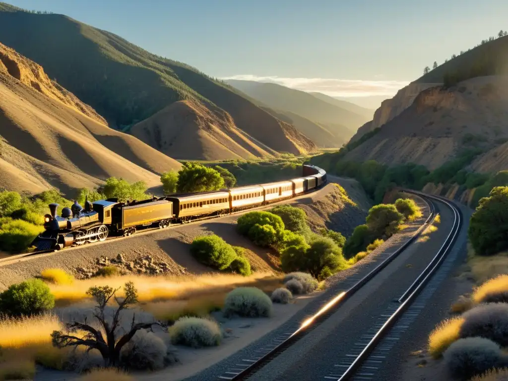 Panorama del paisaje de California durante la fiebre del oro, con el ferrocarril atravesando el terreno