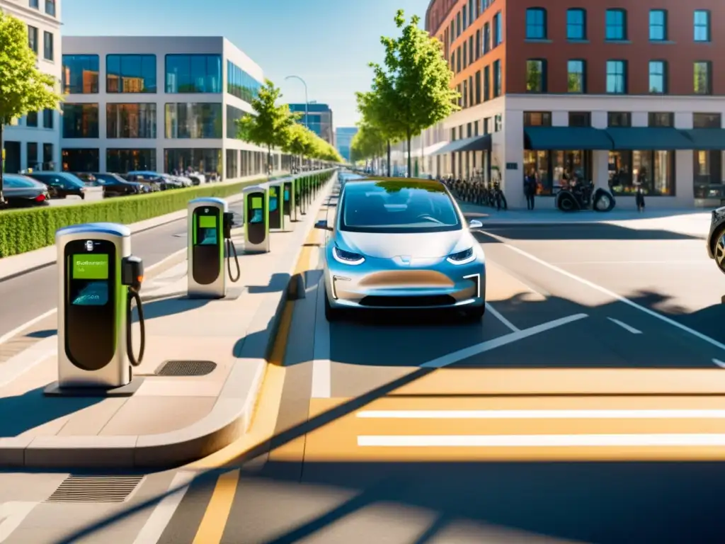 Panorámica de una bulliciosa calle urbana con estaciones de carga para vehículos eléctricos