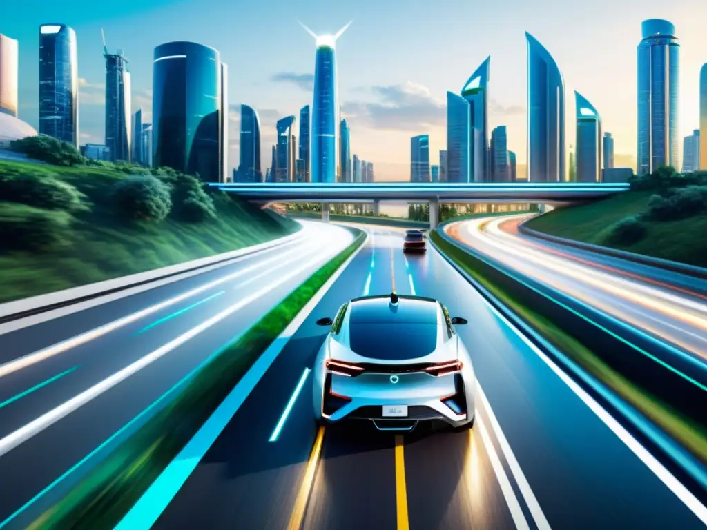 Panorámica futurista de autopista eléctrica innovadora, vehículos aerodinámicos y estaciones de carga integradas en un entorno urbano sostenible