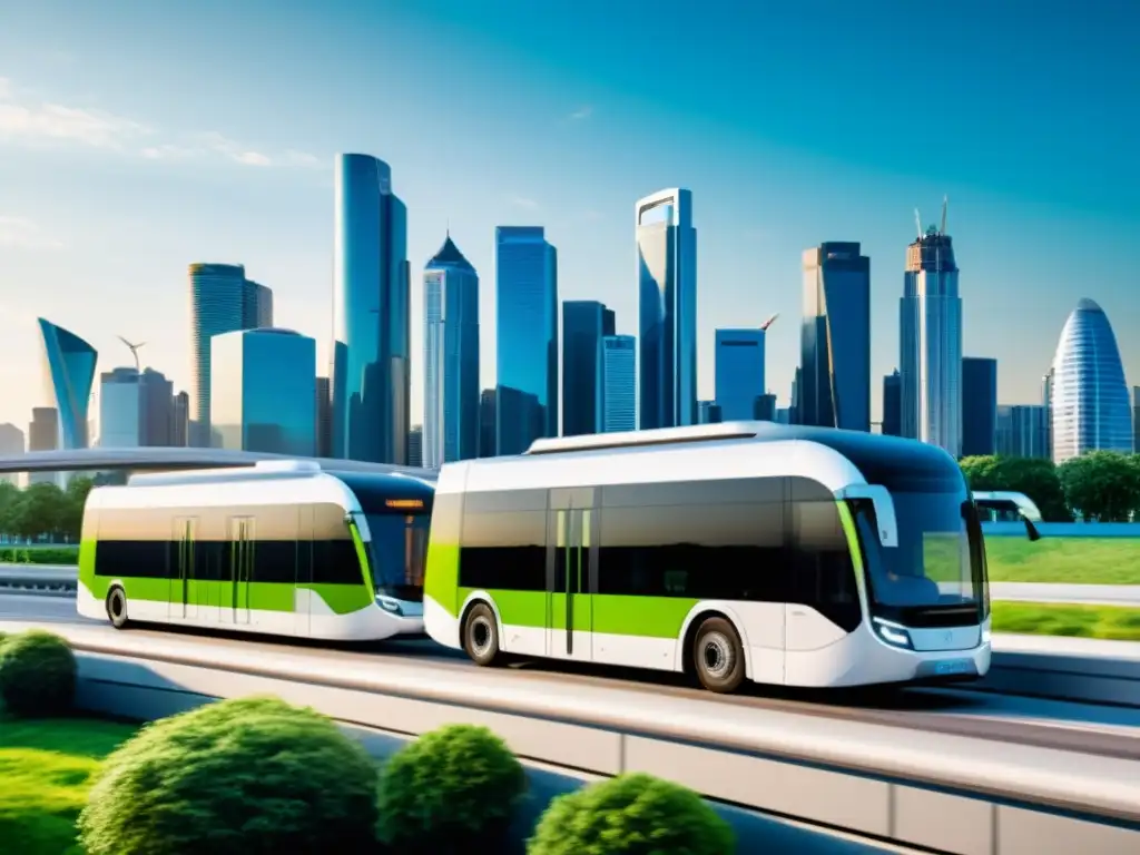 Panorámica de una metrópolis moderna con transporte público eléctrico integrado en el paisaje urbano, destacando el potencial de los biocombustibles en el transporte