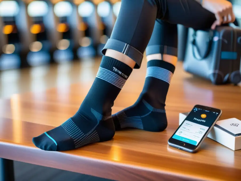 Un par de calcetines inteligentes negros doblados junto a un smartphone con la app de seguimiento de fitness