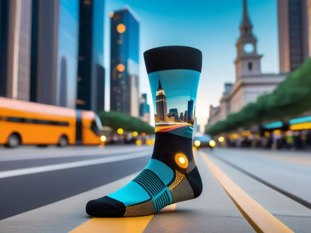 Un par de calcetines inteligentes para viajeros en un entorno urbano lleno de energía y movimiento, fusionando moda e innovación