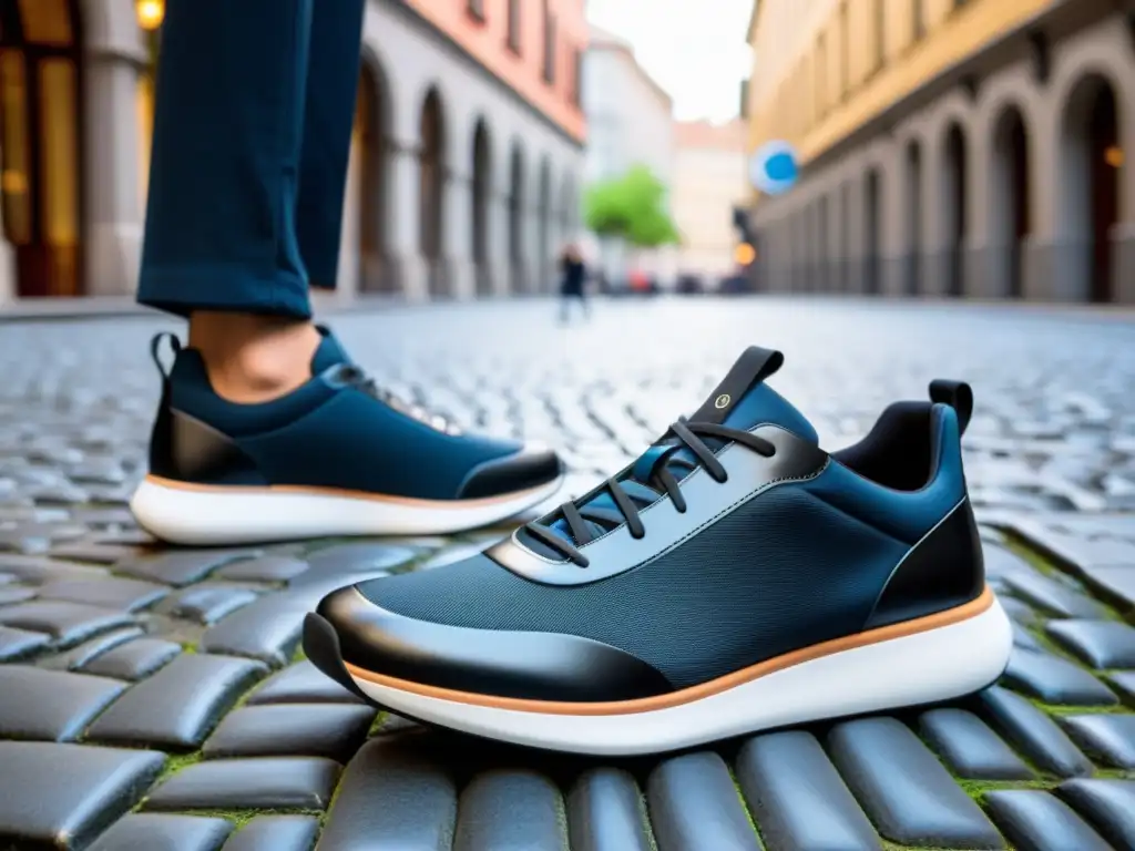 Un par de zapatos wearables para turistas urbanos, con GPS integrado y diseño moderno, en una ciudad bulliciosa