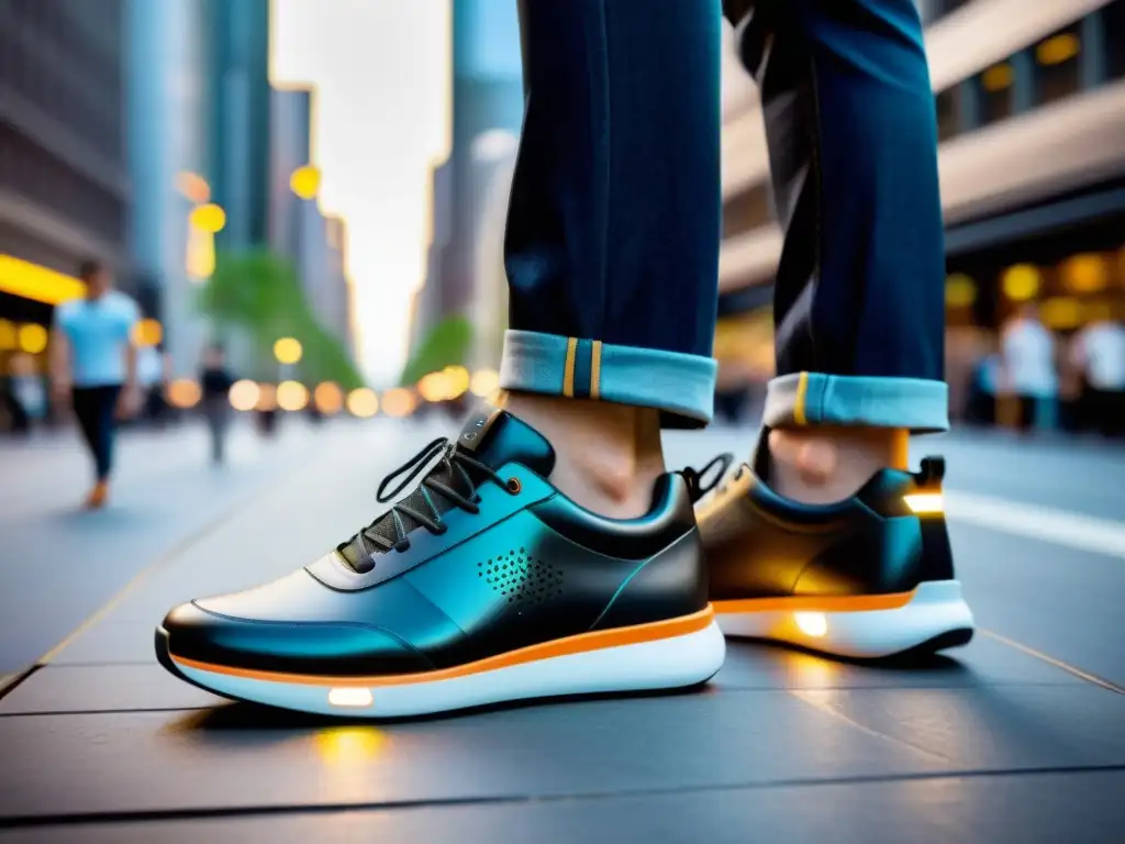 Un par de zapatos wearables para turistas urbanos se integran perfectamente en el bullicio de la ciudad, ofreciendo innovación y comodidad