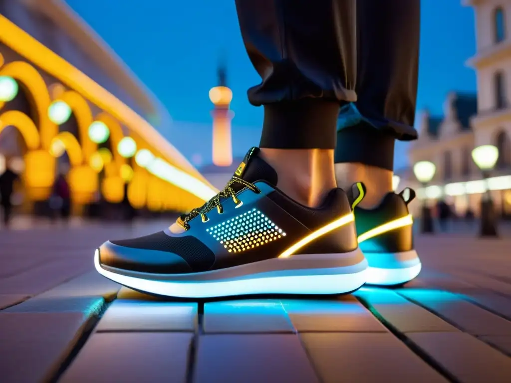 Un par de zapatos wearables para turistas urbanos, con GPS, luces LED y diseño ligero, en un entorno urbano vibrante