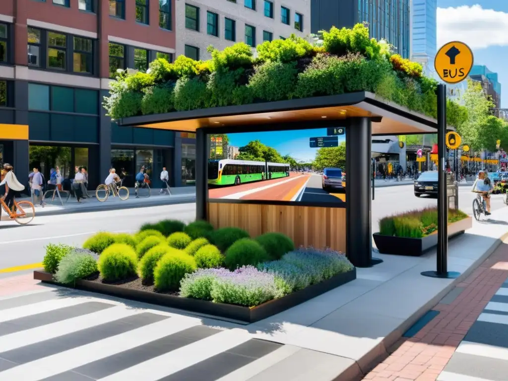 Una parada de autobús con diseño sostenible en transporte, rodeada de infraestructura urbana amigable con el medio ambiente