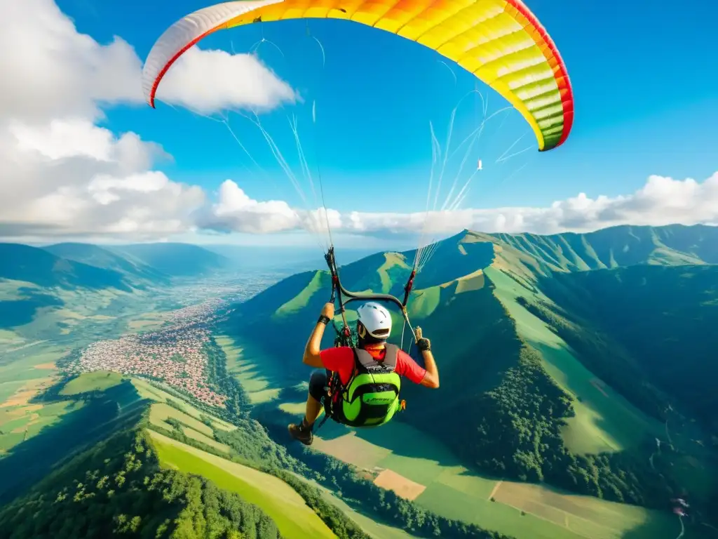 Un parapente colorido sobrevolando un valle verde, con piloto enfocado y detalles impresionantes, ideal para lugares accesibles en parapente