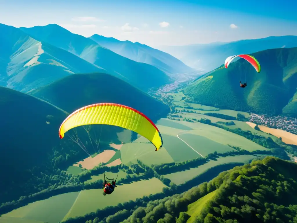 Parapentes y ala deltas surcan cielos sobre paisajes montañosos, creando una escena vibrante y emocionante