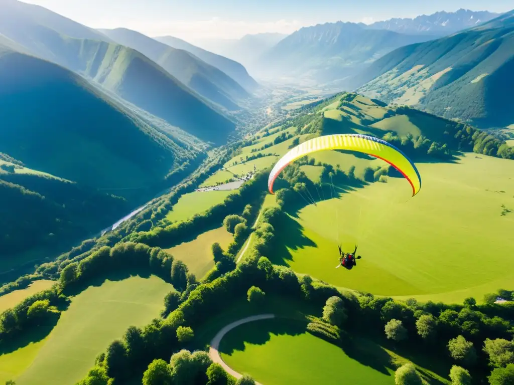 Parapentes y ala deltas en un valle montañoso, transmitiendo la emoción de vuelo en lugares accesibles en parapente