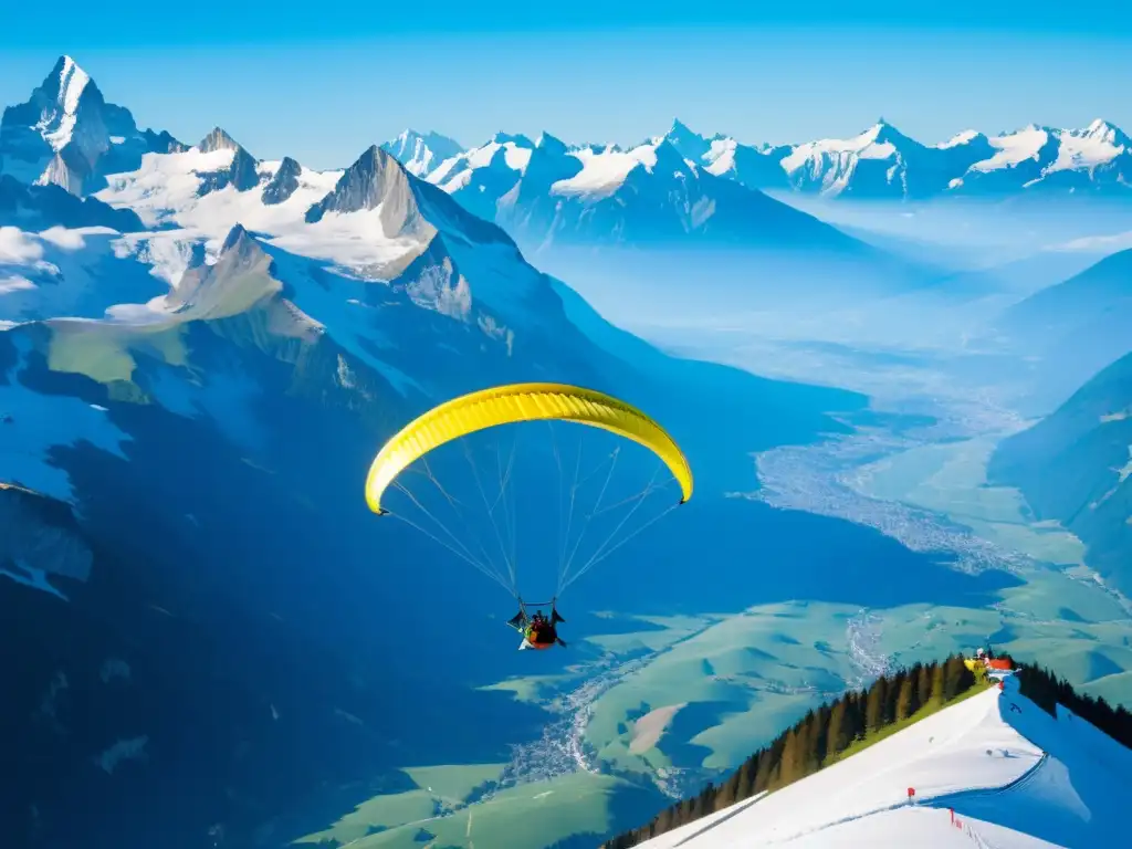 Parapentes surcando los Alpes suizos, creando un contraste vibrante sobre las cumbres nevadas