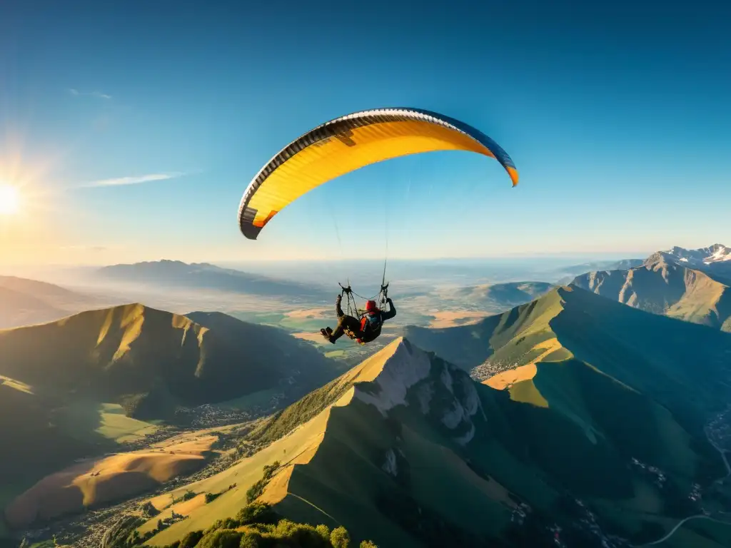 Dos parapentes sobrevuelan majestuosamente un paisaje montañoso, bañado por la cálida luz dorada del sol