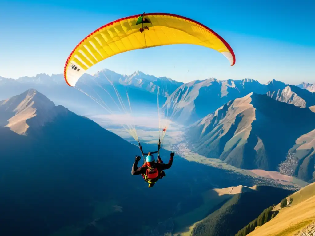 Parapentistas explorando lugares accesibles en parapente, deslizándose entre picos montañosos y cielo azul