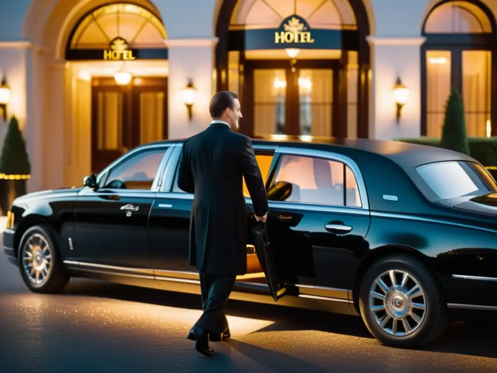 Una pareja elegante es recibida por un chofer frente a un lujoso hotel, con una limusina negra estacionada