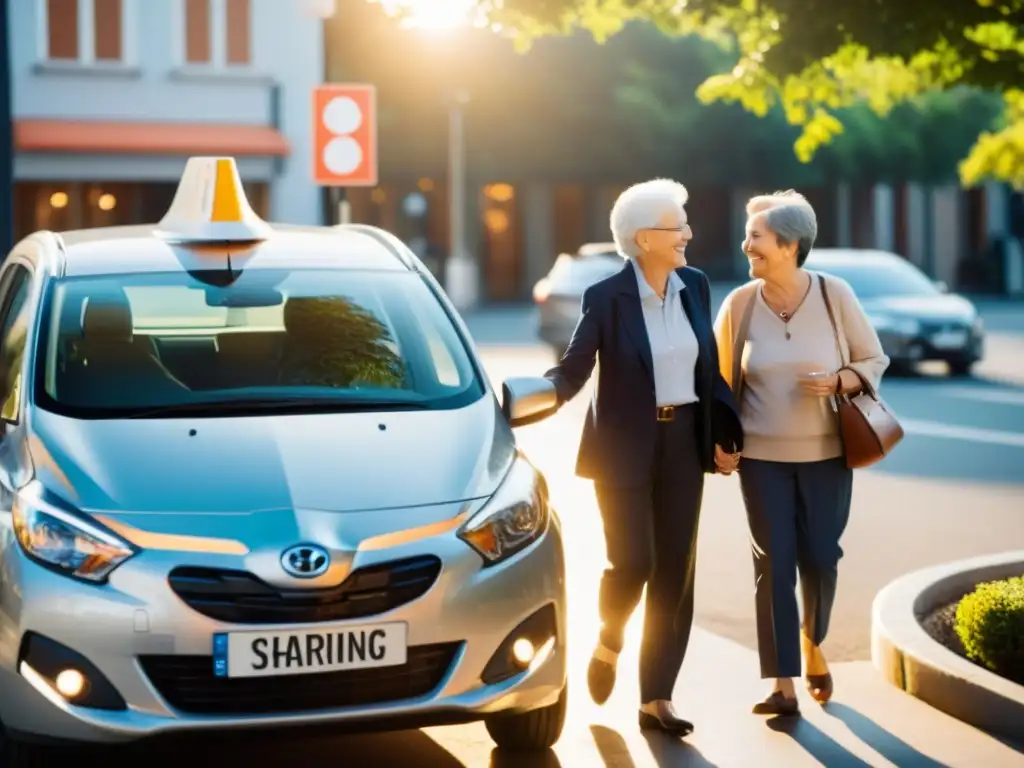 Una pareja de ancianos sonríe y se toma de las manos mientras se acercan a un vehículo de car sharing