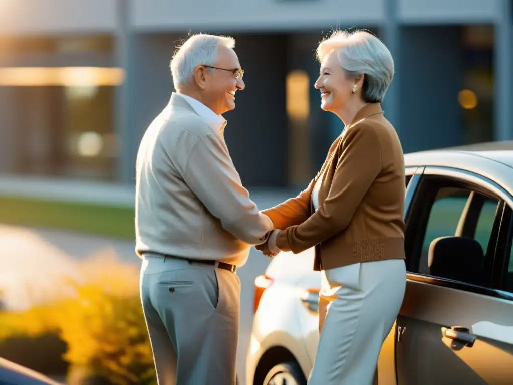 Una pareja mayor sonriente se dirige hacia un automóvil compartido al atardecer