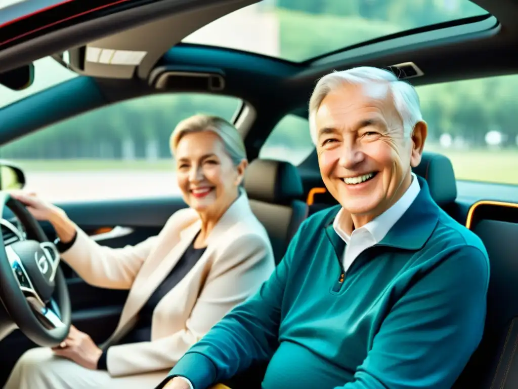 Una pareja mayor sonriente disfruta de un cómodo viaje en un moderno coche adaptado para la tercera edad