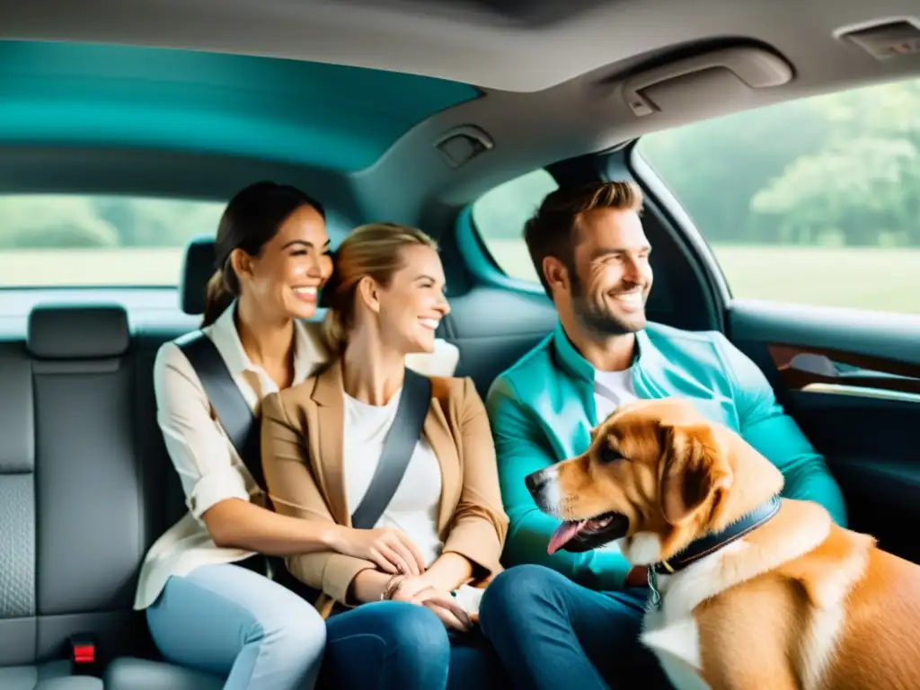 Una pareja sonriente y su perro disfrutan de un paseo en un auto pet-friendly, interactuando con el conductor