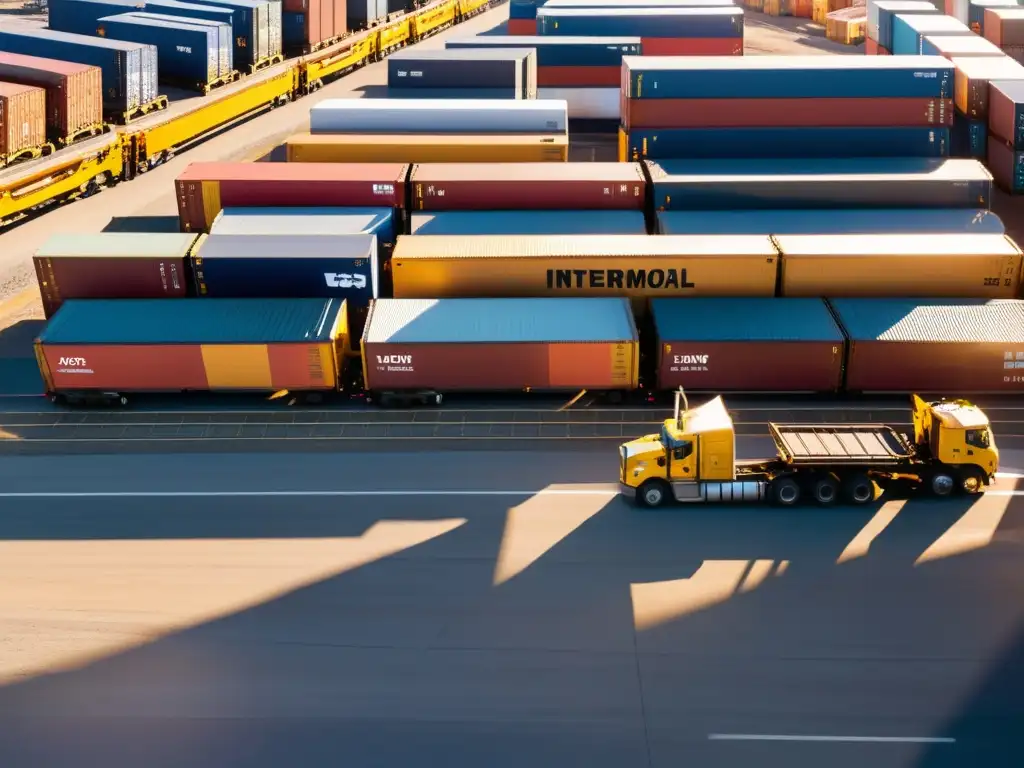 Un patio de carga intermodal bullicioso, bañado por la luz dorada del sol