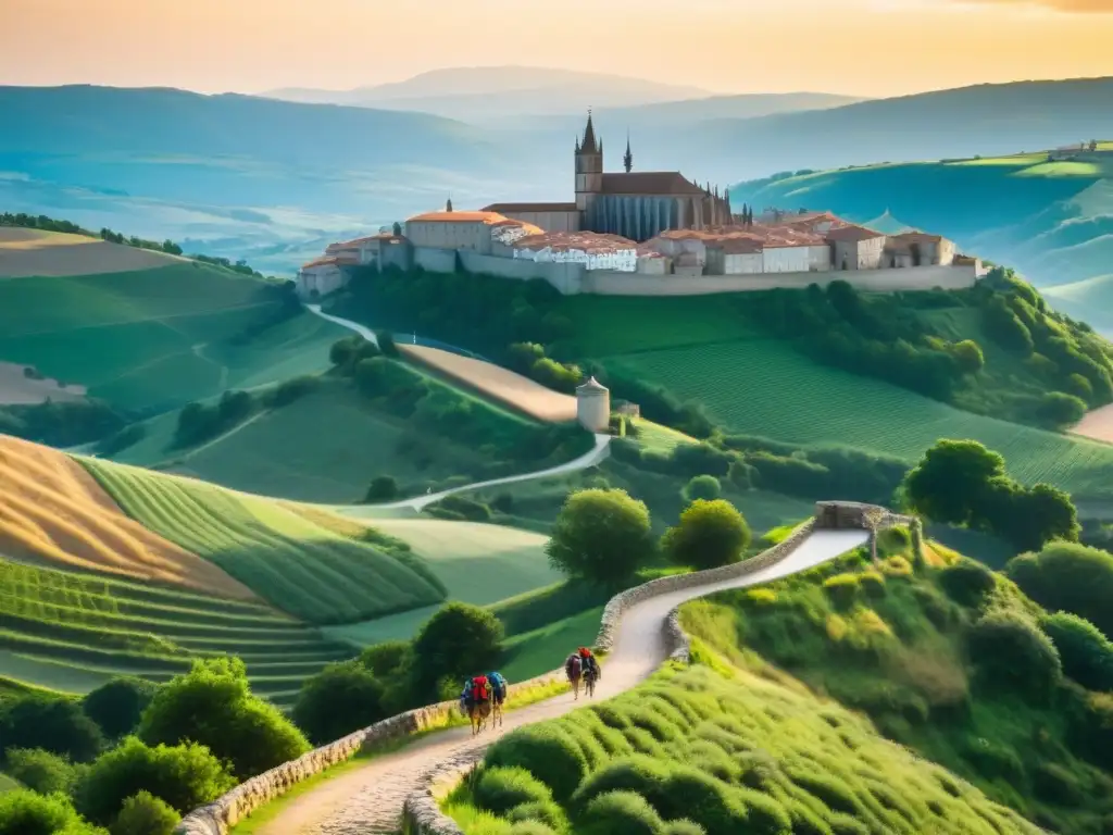 Peregrinos en el histórico Camino de Santiago, rodeados de naturaleza y antiguos puentes de piedra