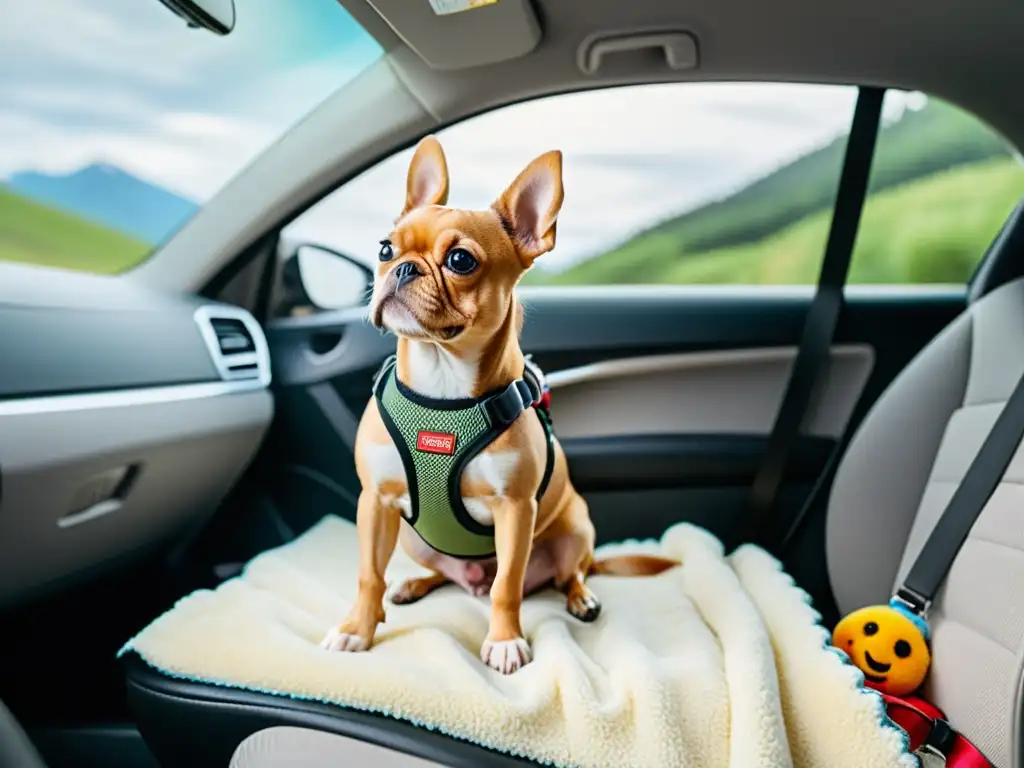 Un perro seguro en arnés de coche disfruta el viaje con Accesorios seguros para viajar con mascotas