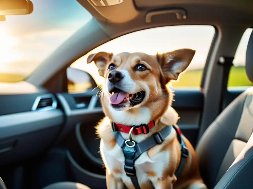 Un perro feliz viaja cómodo y seguro en un coche, mirando por la ventana