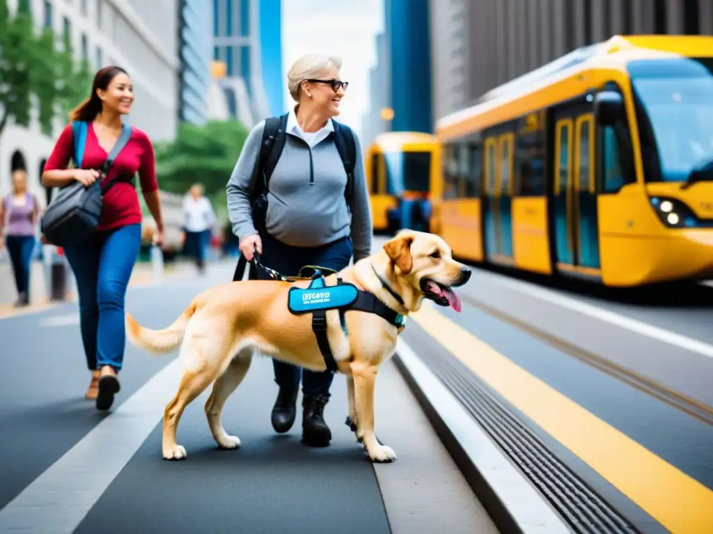 Un perro guía seguro y confiado lidera a su dueño por una bulliciosa calle de la ciudad, resaltando su vital papel en el transporte público