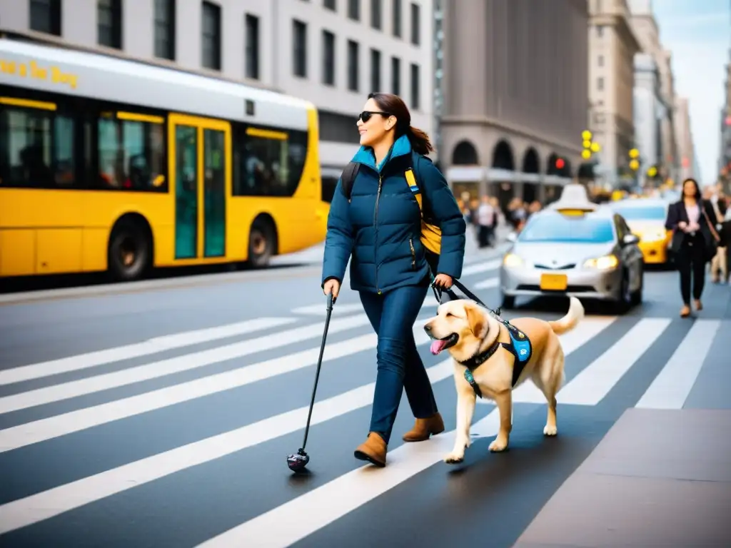 Un perro guía lleva a su dueño con confianza a través del bullicio de la ciudad, cruzando una calle