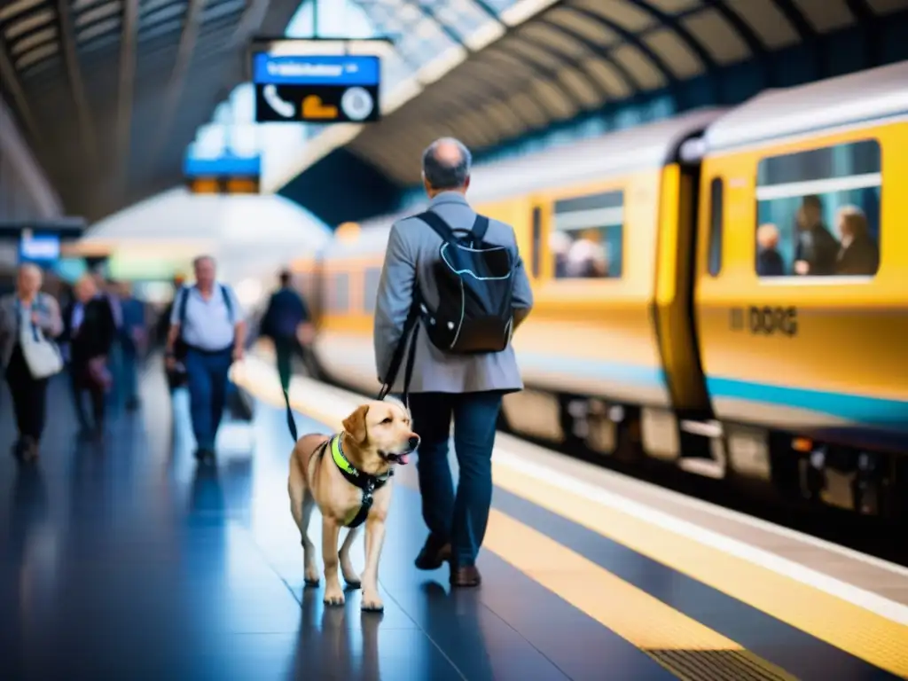 Un perro guía con determinación lidera a su dueño en una estación de tren, destacando la importancia de los perros guía en el transporte público