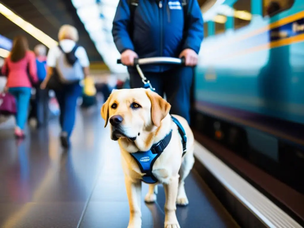 Un perro guía, con arnés, lleva a su dueño por una estación de tren abarrotada