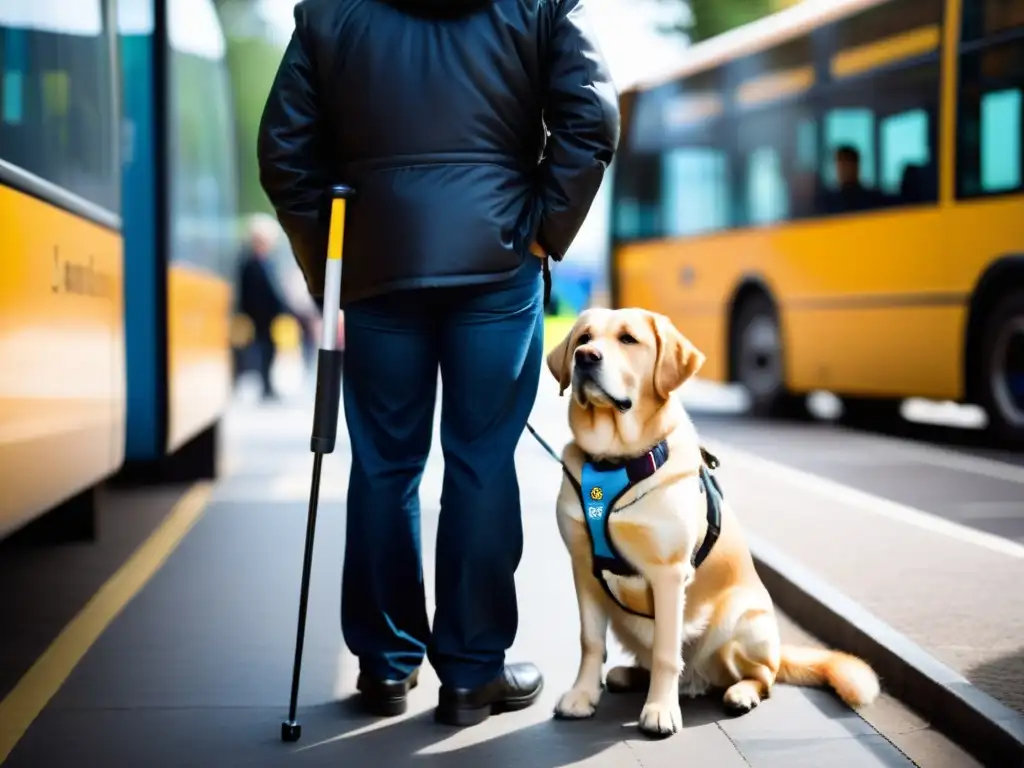 Un perro guía y su dueño esperan en la parada del autobús, listos para abordar