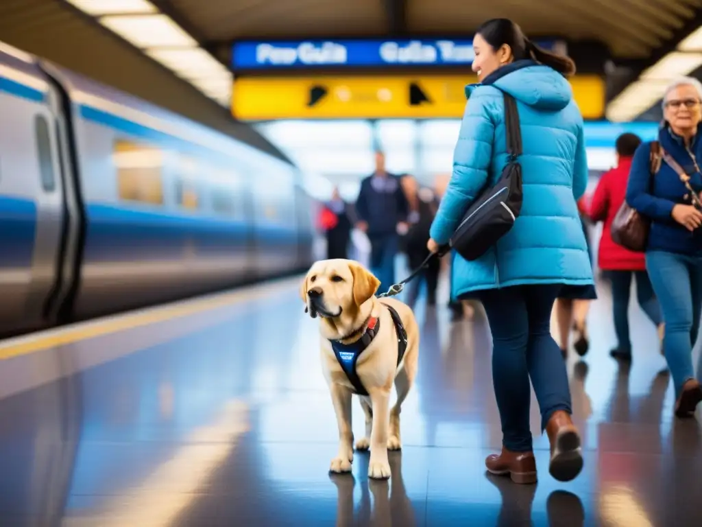 Un perro guía con expresión determinada guía a su dueño por estación de tren