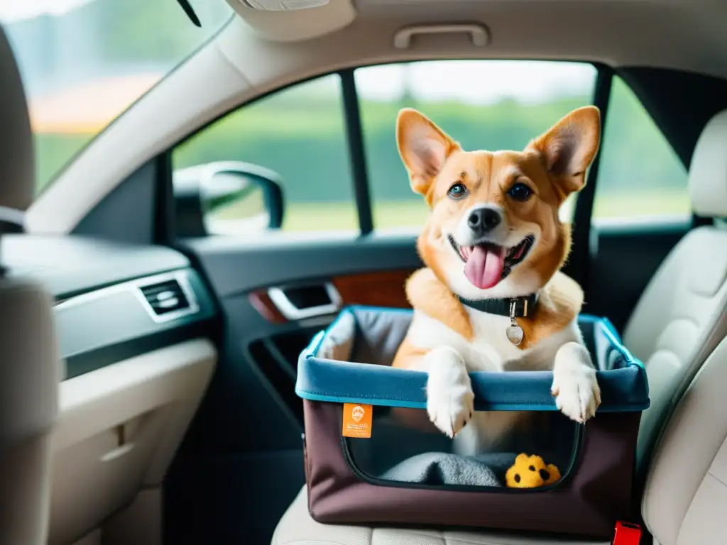 Un perro feliz en su transportín dentro de un coche espacioso y moderno, mirando por la ventana con emoción