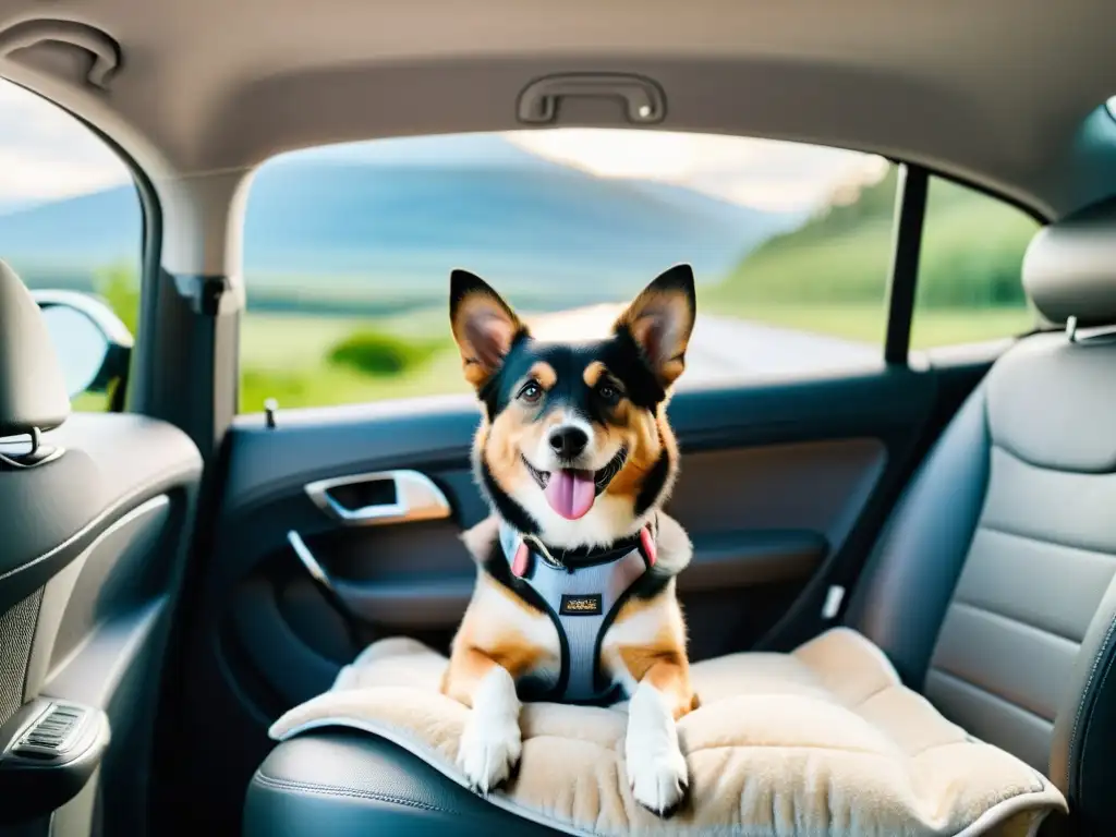 Un perro feliz y seguro viajando en coche con Apps de transporte pet-friendly para viajar