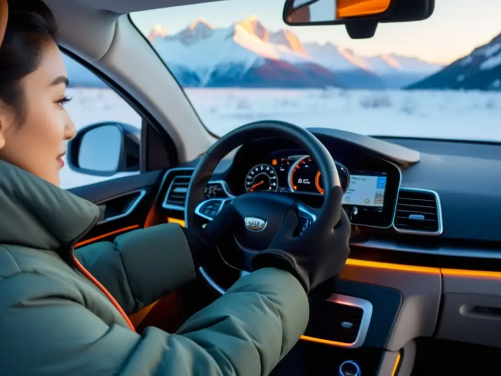 Persona ajustando accesorios calefactables para clima frío en automóvil con montañas nevadas al fondo