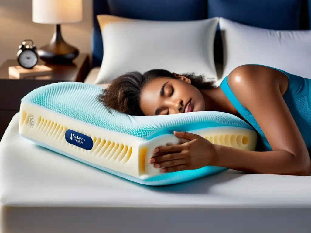 Persona durmiendo plácidamente en almohada de tecnologías para dormir, con enfoque en detalles ergonómicos y expresión serena