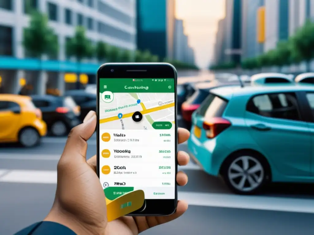 Una persona usa una app de carsharing frente a vehículos compartidos en la ciudad