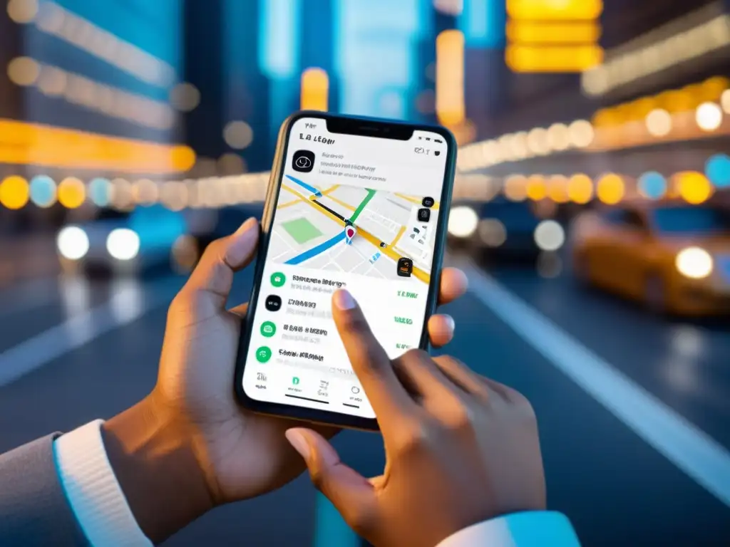 Persona usando app de transporte, con permisos y luces de ciudad difuminadas, representando la privacidad en apps de transporte