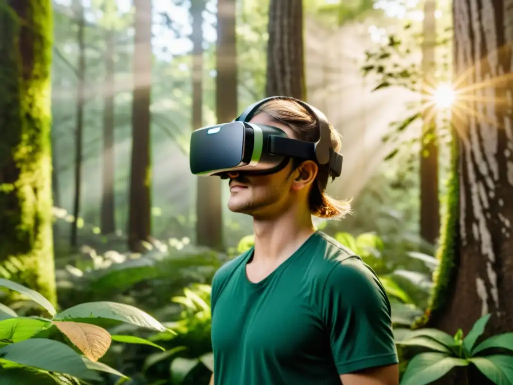 Persona asombrada por la realidad virtual en un bosque exuberante, destacando el impacto ambiental de la realidad virtual