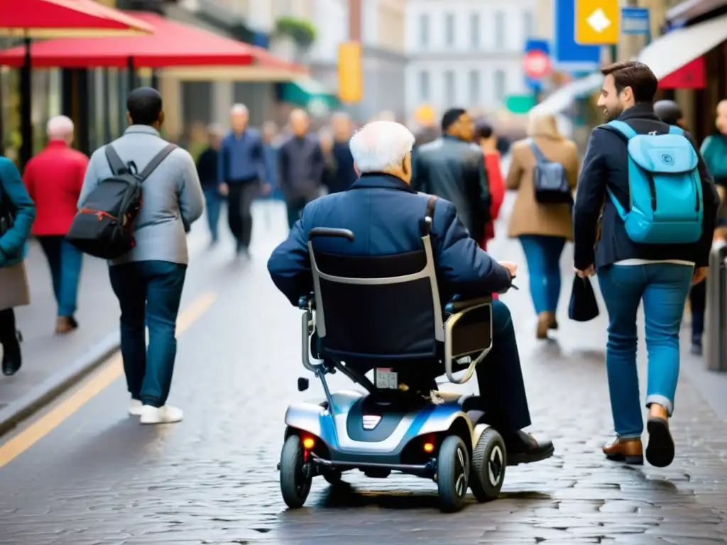 Una persona utiliza una ayuda técnica para movilidad personal en una concurrida acera urbana, mostrando su adaptabilidad en entornos dinámicos