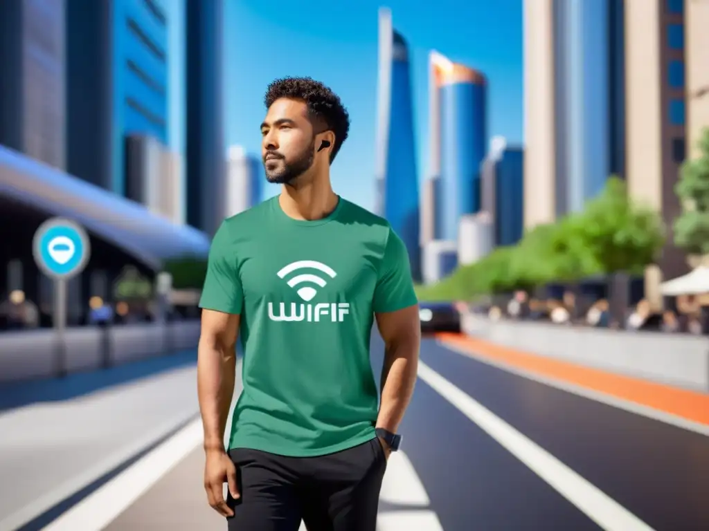 Persona con camiseta wearable WiFi en entorno urbano futurista con transporte eléctrico