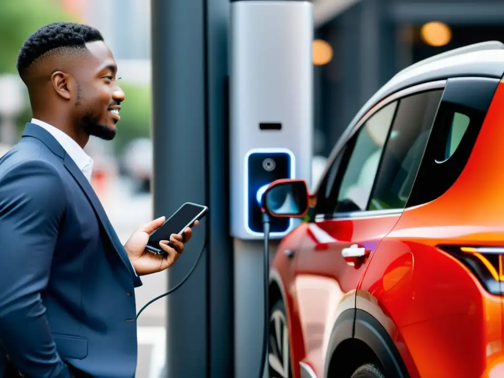 Una persona conecta un cargador portátil a su vehículo eléctrico en la ciudad