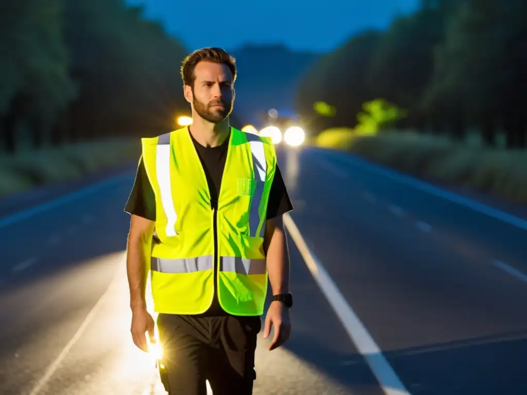 Persona con chaleco reflectante amarillo caminando de noche en carretera