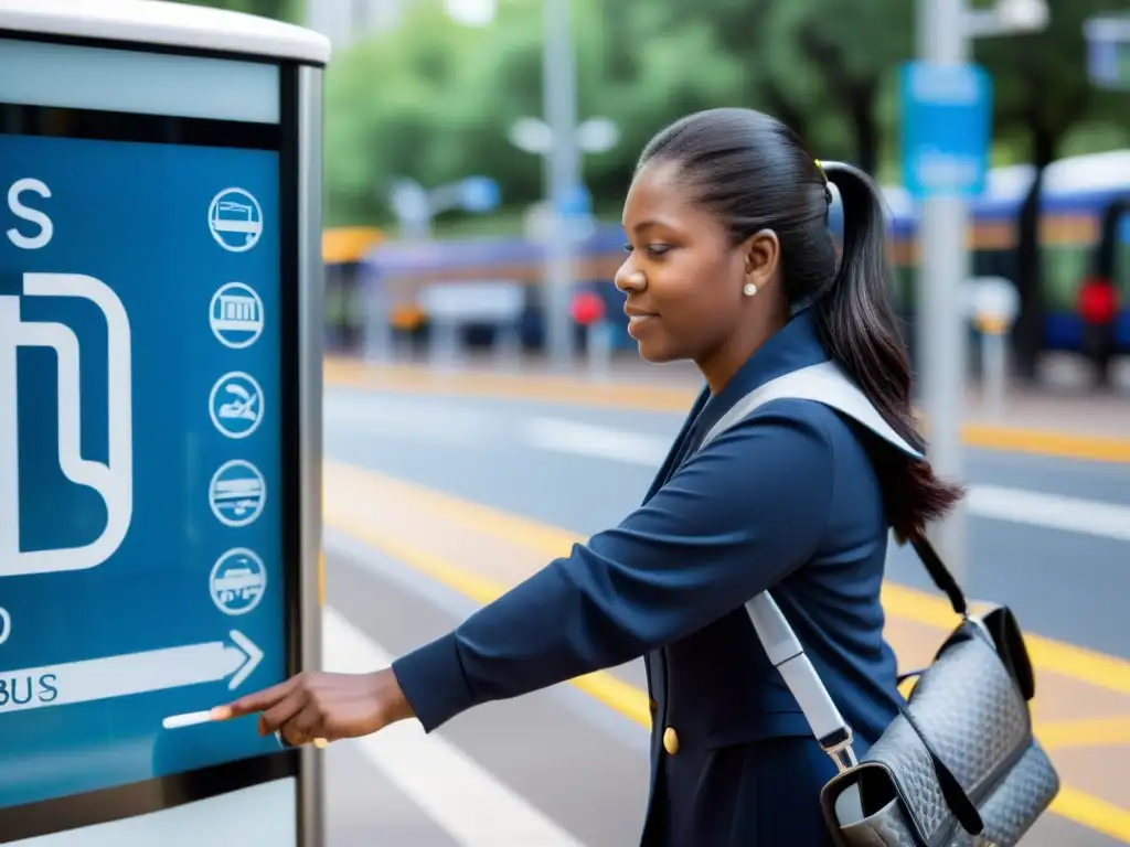 Persona ciega interpreta interface táctil en parada de autobús