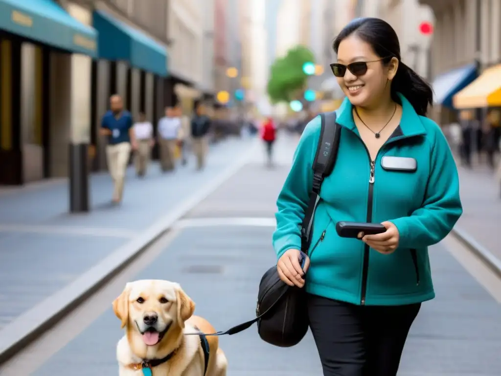 Persona ciega usando un sistema GPS especializado con perro guía en la ciudad