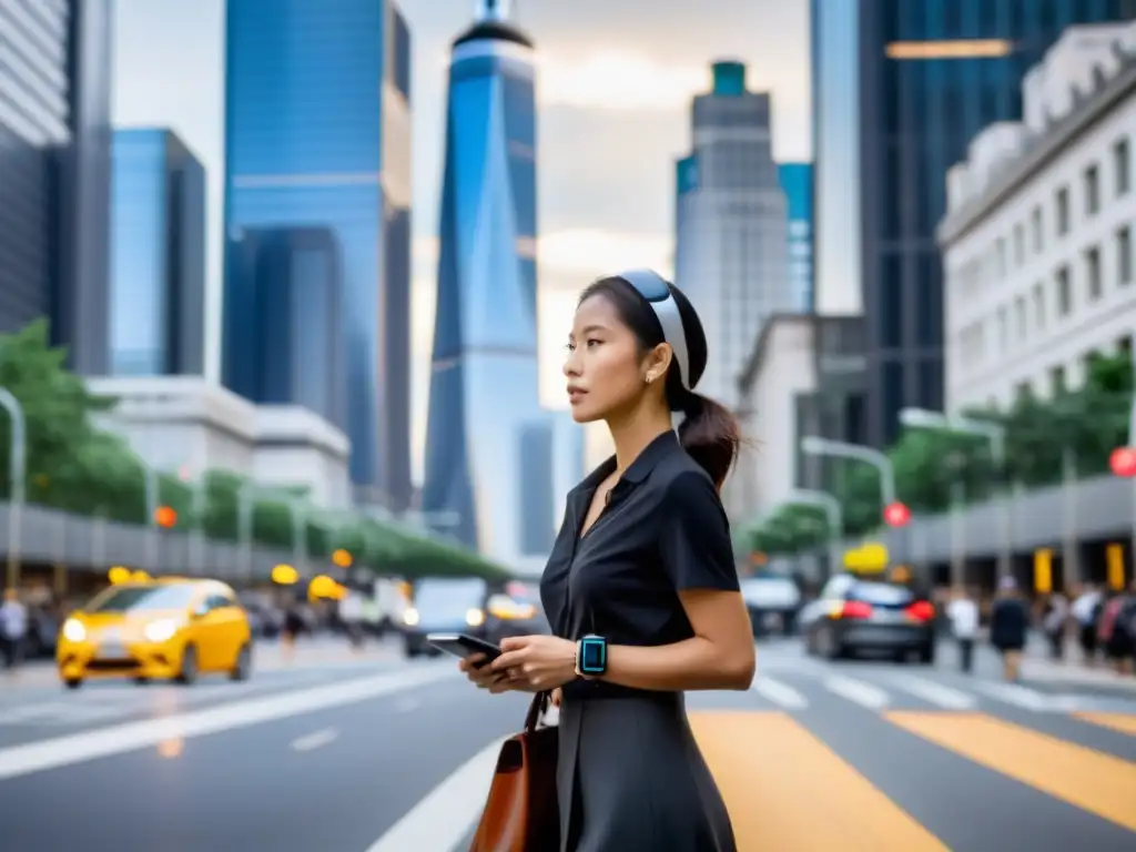 Persona en la ciudad con un dispositivo wearable que monitoriza la huella de carbono, reflexionando sobre la sostenibilidad urbana