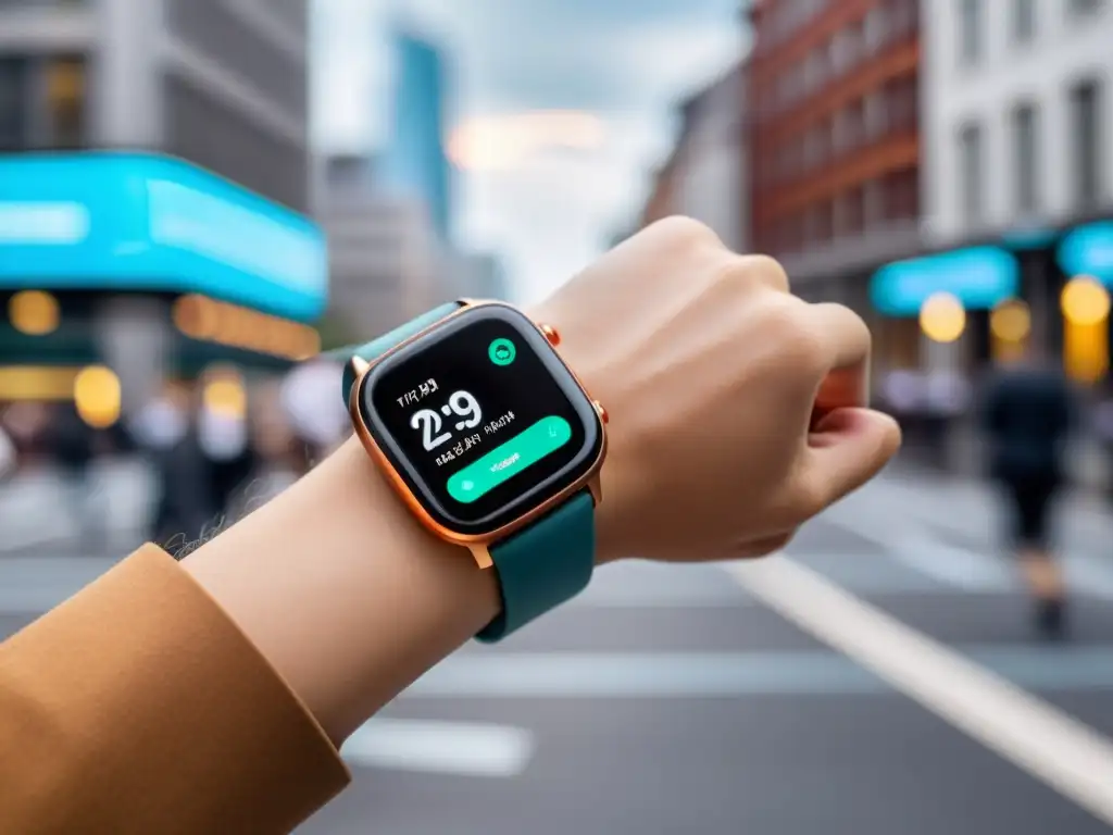 Persona en la ciudad revisando su salud con un smartwatch futurista, reflejando la vida urbana y los wearables para monitorizar salud en tránsito