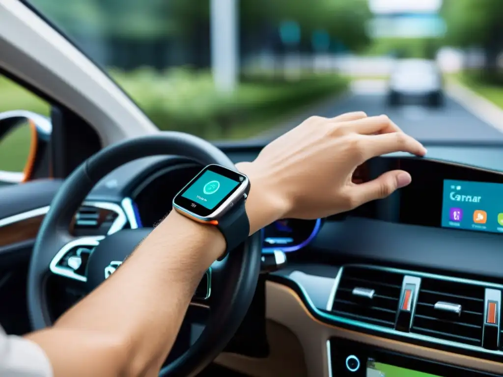 Persona usando control gestual en transporte wearables en el asiento del conductor de un auto moderno con tecnología futurista