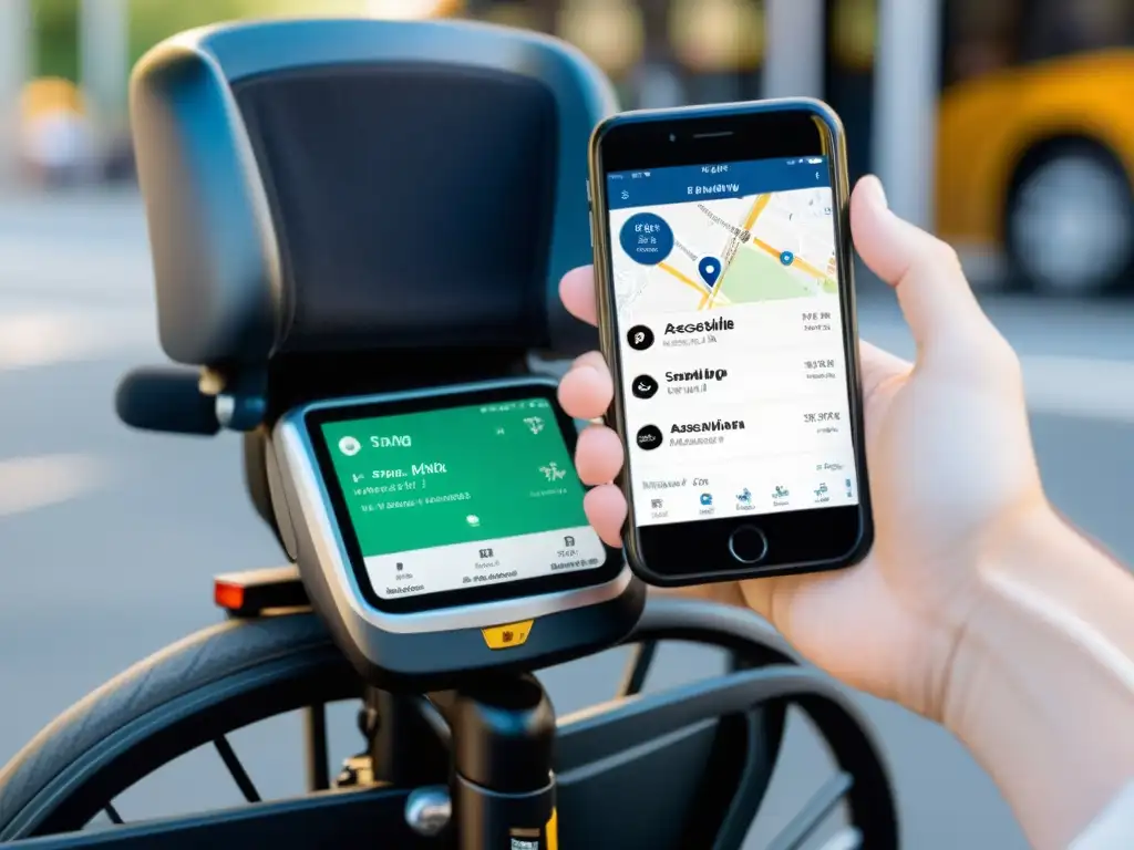 Persona con discapacidad sonriendo y usando una aplicación móvil especializada para solicitar un transporte accesible