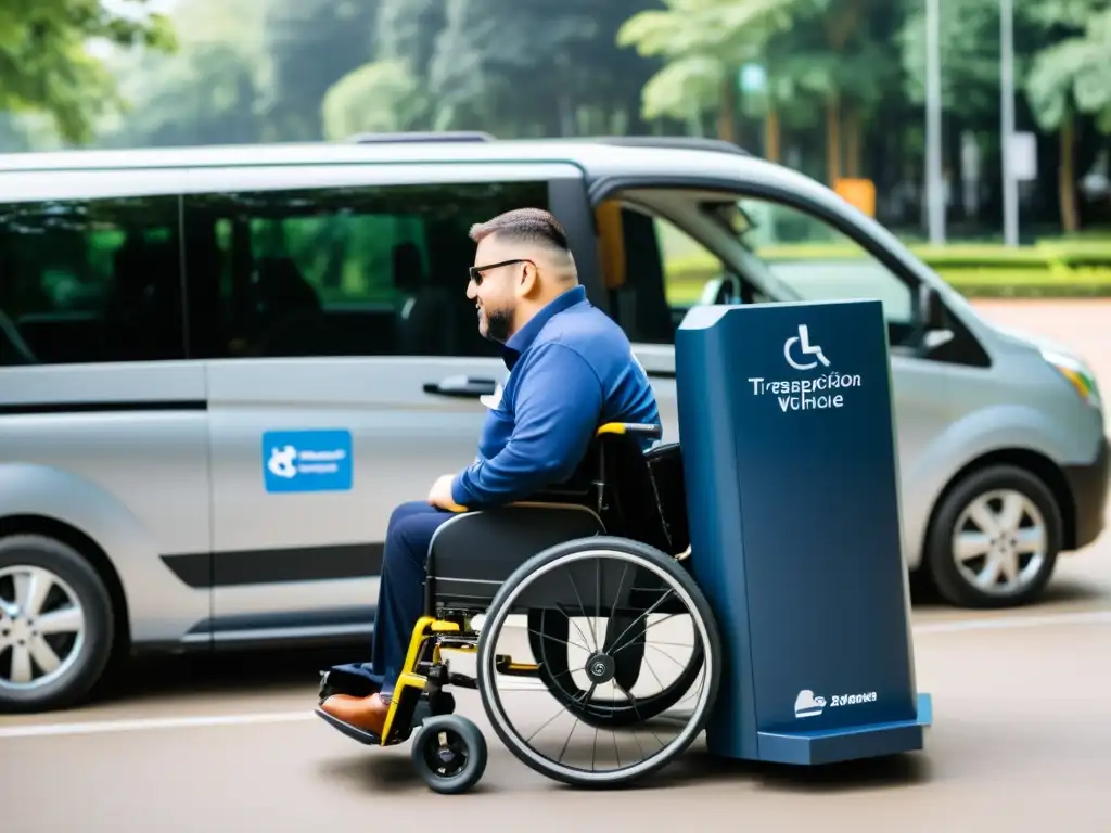 Persona con discapacidad usa app de transporte inclusivo con ayuda del conductor para asegurar su silla de ruedas en vehículo accesible con rampa