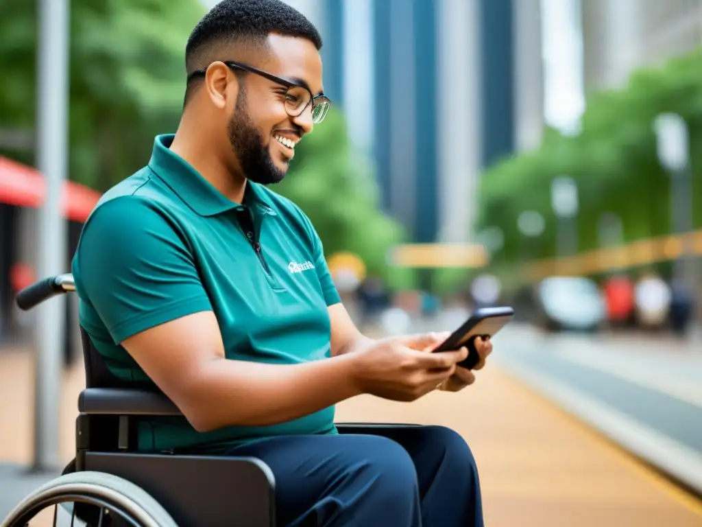 Persona con discapacidad motriz usa con facilidad una app de transporte accesible en la ciudad